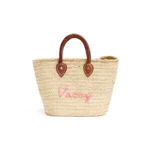 POOLSIDE Woven Straw Open Tote Pink “VACAY” Text Leather Handle Tote Purse
